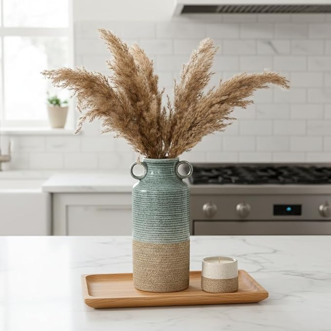 Blue and Brown Ceramic Rustic Vase with 2 Round Handles, Modern Farmhouse Flower Vase, Vintage Terracotta Vases for Home Decor, Wedding, Living Room, Table, Shelf Decor - 9.5 Inch Tall