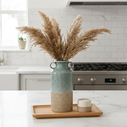 Blue and Brown Ceramic Rustic Vase with 2 Round Handles, Modern Farmhouse Flower Vase, Vintage Terracotta Vases for Home Decor, Wedding, Living Room, Table, Shelf Decor - 9.5 Inch Tall