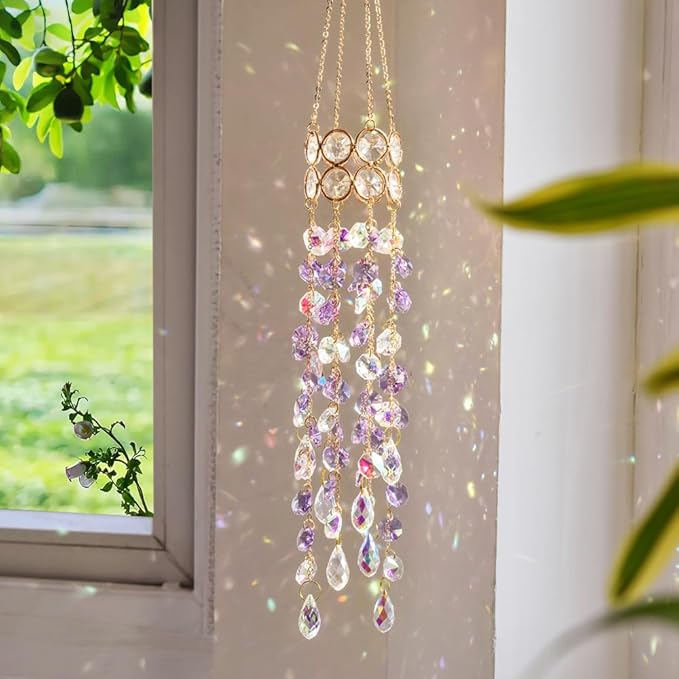 Hanging Window Garden Crystal Sun Catcher, Gold-Plated Sun Catcher for Indoor and Outdoor Decoration, Light Catcher, Party Crystals (Purple)