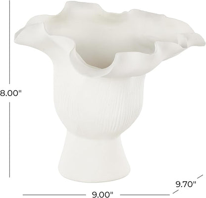 Deco 79 Ceramic Abstract Decorative Vase Floral Inspired Centerpiece Vase with Linear Grooves, Flower Vase for Home Decoration 9" x 8" x 8", White