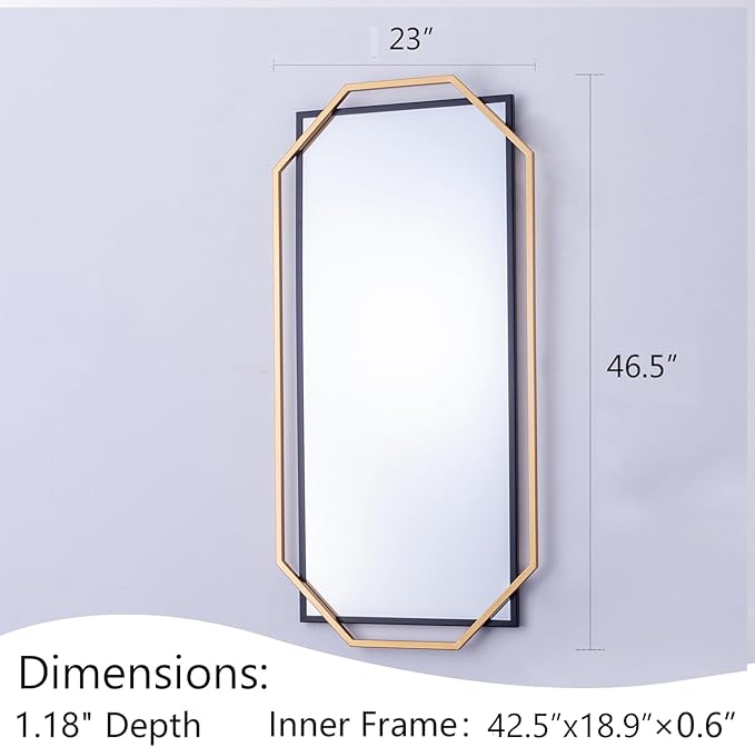 Large Black and Gold Bathroom Mirror, 46.5" x 23" Mirror Wall Decor, Modern Metal Octagonal, Living Room, Bedroom, Dining Room, Entryway