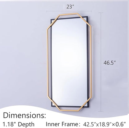Large Black and Gold Bathroom Mirror, 46.5" x 23" Mirror Wall Decor, Modern Metal Octagonal, Living Room, Bedroom, Dining Room, Entryway