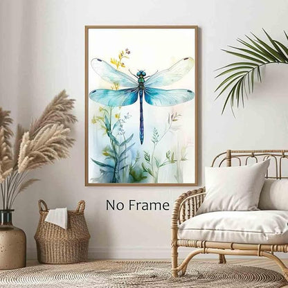 Watercolor Dragonfly Canvas Wall Art Teal Dragonfly Picture Animal Paintings Watercolor Insect Poster Vintage Insect Canvas Flowers Picture Retro Abstract Living Room Decor 16x24inch No Frame
