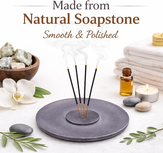 Handmade Natural Grey Marble Incense Stick Holder - Round Incense Burner With Multiple Holes For Incense Sticks. Decorative Ash Catcher For Home and Office Decor. (4 inch Diameter, Grey)