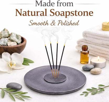 Handmade Natural Grey Marble Incense Stick Holder - Round Incense Burner With Multiple Holes For Incense Sticks. Decorative Ash Catcher For Home and Office Decor. (4 inch Diameter, Grey)