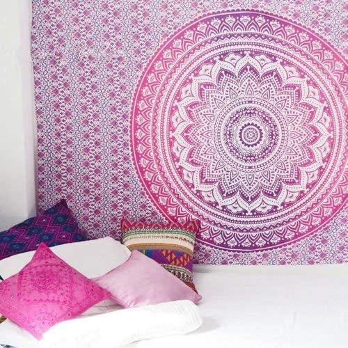 raajsee Large Pink Ombre Mandala Tapestry Wall Hanging,Indian Cotton Beach Throw Blanket Hippie Bohemian Elephant Queen Boho Décor,Meditation Yoga Mat Rugs 82x92 Inches