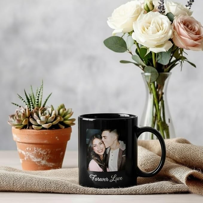 Custom Photo Coffee Mug, Personalized Forever Love Design Ceramic Cup for Anniversary Boyfriend Girlfriend Dishwasher Safe, 11oz (Black)
