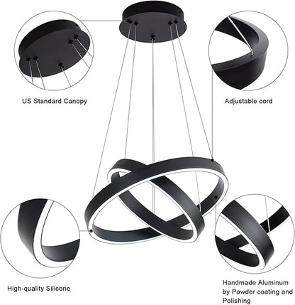MADEM Room Decor Modern LED Pendant Light 2-Ring Circular Contemporary Chandelier Flush Mount Pendant Lighting for Living Dining Room Bedroom, 6000K Cool White, 36W, Black