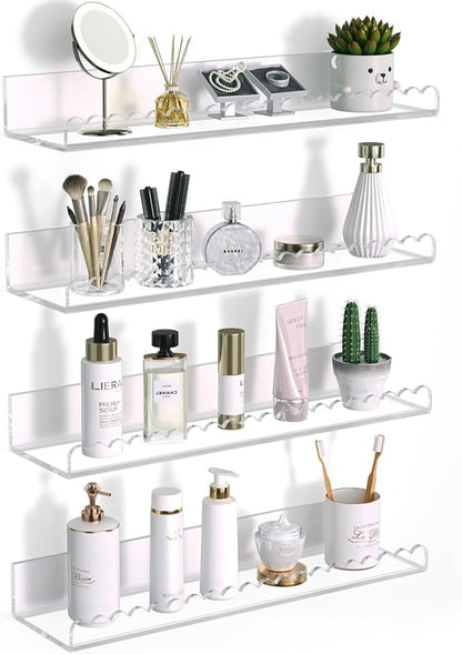 Clear Acrylic Shelves, 4 Pack 12 Inch Scalloped Edge Wall Mounted Floating Shelves, Pop Shelves, Invisible Bathroom Shelf Book Shelf, CD Shelf for Home Deco (Clear Scalloped Edge 4 Pack)