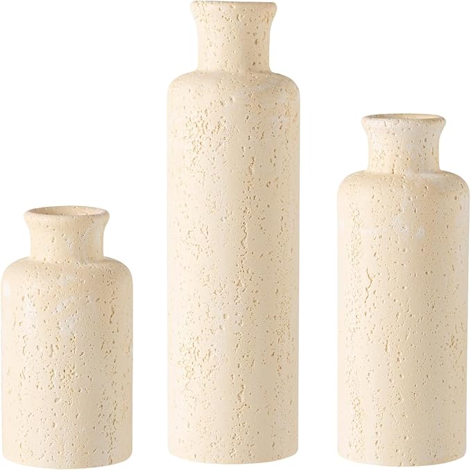 Flower Vase Set, Stone Look, 3 PCS Small Decorative Bud Vases for Pampas Grass, Farmhouse Decor, Kitchen, Living Room, Bathroom, Bedroom, Office, Shelf Centerpiece Table Decoration (Yellow)