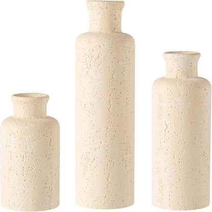 Flower Vase Set, Stone Look, 3 PCS Small Decorative Bud Vases for Pampas Grass, Farmhouse Decor, Kitchen, Living Room, Bathroom, Bedroom, Office, Shelf Centerpiece Table Decoration (Yellow)