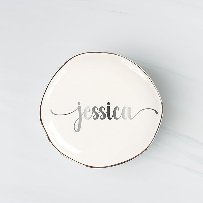 Personalized Ceramic Gold Trim Jewelry Tray Bridesmaid Wedding Engagement Gifts Jewelry Dish Decorative Trinket Custom Ring Dish With Name Couple Initials (Style A)