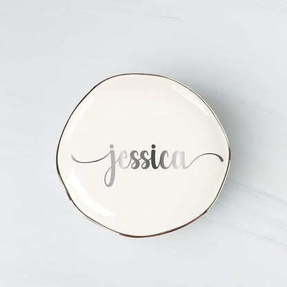 Personalized Ceramic Gold Trim Jewelry Tray Bridesmaid Wedding Engagement Gifts Jewelry Dish Decorative Trinket Custom Ring Dish With Name Couple Initials (Style A)