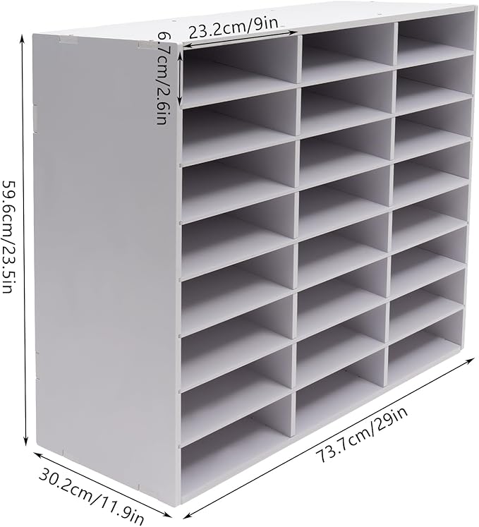 Literature Organizer with 24 Compartments | Adjustable Desktop File Sorter Mail Center for Home, Office & Classroom | PVC Paper Storage Cabinet with Shelves (White, 24 Compartments)