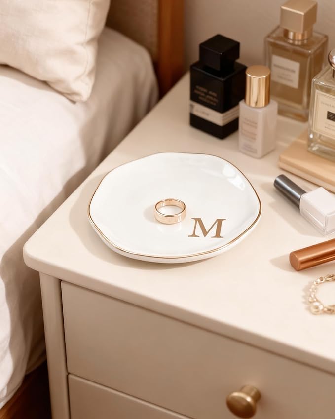 Fmeida Jewelry Tray Ring Dish for Women, Initials Ceramic Jewelry Dish, Personalized Aesthetic Decorative Birthday Valentines Mother's Day Christmas Gifts, 4.5", Rose Gold L