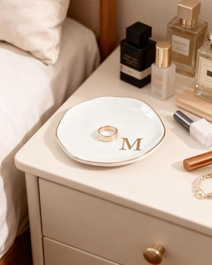 Fmeida Jewelry Tray Ring Dish for Women, Initials Ceramic Jewelry Dish, Personalized Aesthetic Decorative Birthday Valentines Mother's Day Christmas Gifts, 4.5", Rose Gold L