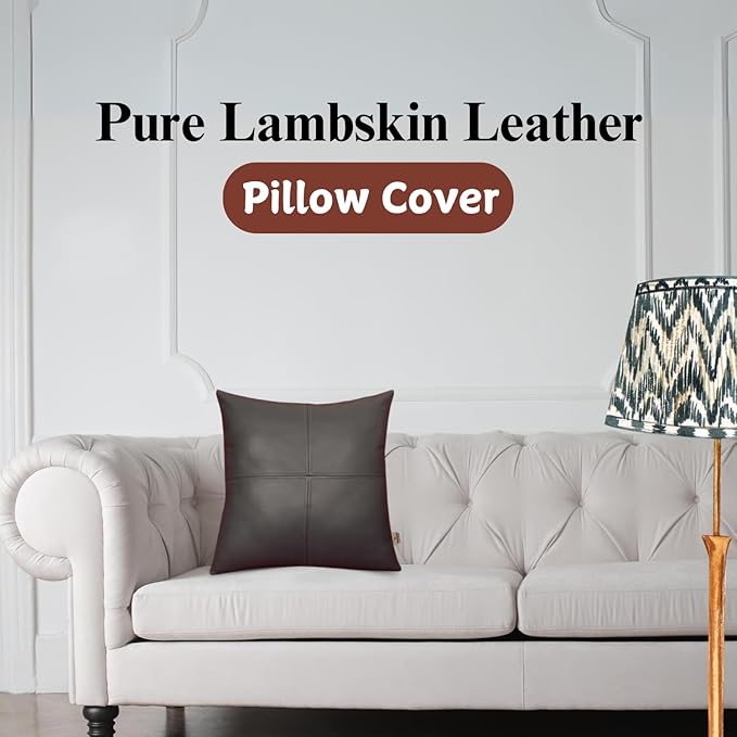Lambskin Leather Pillow Cover, Hand Panel Stitched Leather Decorative Throw Pillow Covers for Couch Sofa Bed Living Room Garden (20x20 Inches, Dark Grey Pack of 1)