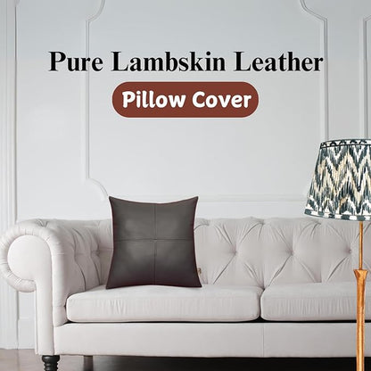 Lambskin Leather Pillow Cover, Hand Panel Stitched Leather Decorative Throw Pillow Covers for Couch Sofa Bed Living Room Garden (22x22 Inches, Dark Grey Pack of 1)