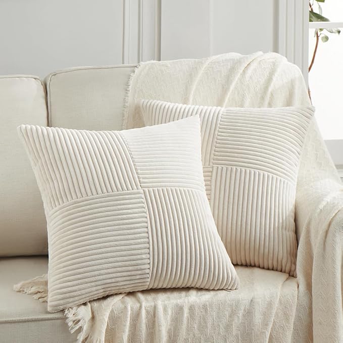 Fancy Homi 2 Packs Cream Decorative Throw Pillow Covers 20x20 Inch for Living Room Couch Bed Sofa, Rustic Farmhouse Boho Home Decor, Soft Corss Corduroy Patchwork Accent Square Cushion Case 50x50 cm