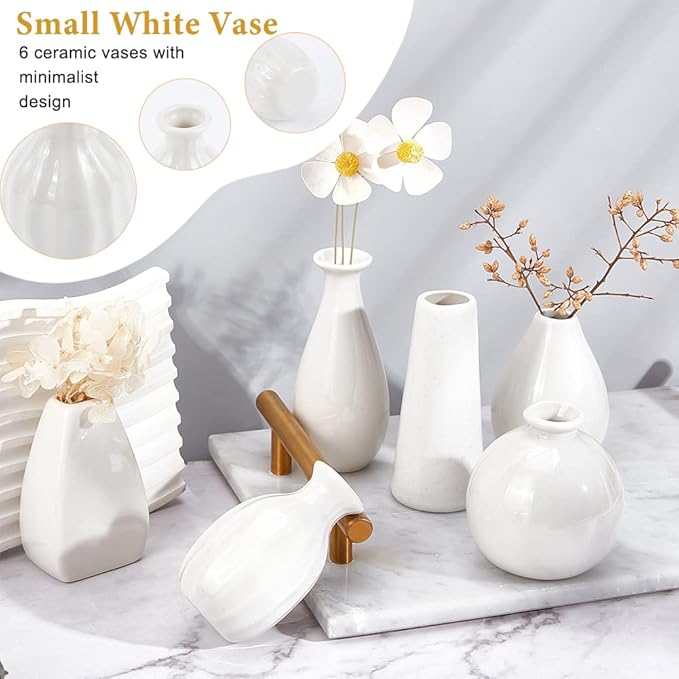 NBEADS 6 Pcs Mini Ceramic Flower Vase, 6 Styles Rustic Decor Vase Modern Farmhouse Decor White Plain Small Vases for Flowers Small Plants Floral Dining Room Shelf Decor, 1.7~2.6x2.8~3.9"