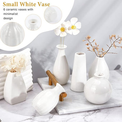 NBEADS 6 Pcs Mini Ceramic Flower Vase, 6 Styles Rustic Decor Vase Modern Farmhouse Decor White Plain Small Vases for Flowers Small Plants Floral Dining Room Shelf Decor, 1.7~2.6x2.8~3.9"