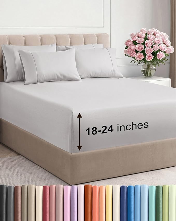 Extra Deep Full Sheet Set - 6 Piece Breathable & Cooling Sheets - Hotel Luxury Bed Sheets Set - Easy & Secure Fit - Soft, Wrinkle Free & Comfy Sheets Set - French Grey Sheet Set w/Extra Deep Pockets