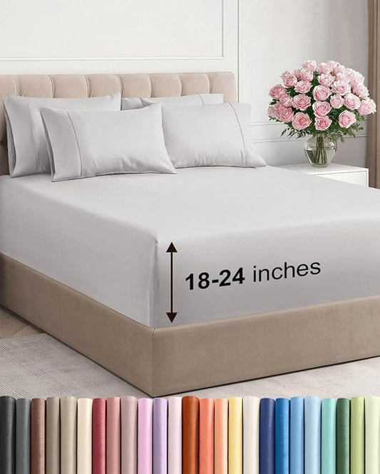 Extra Deep Cal King Sheet Set - 6 Piece Breathable and Cooling Sheets - Hotel Luxury Bed Sheets Set - Easy Fit - Soft, Wrinkle Free and Comfy Sheets Set - French Grey Sheet Set with Extra Deep Pockets