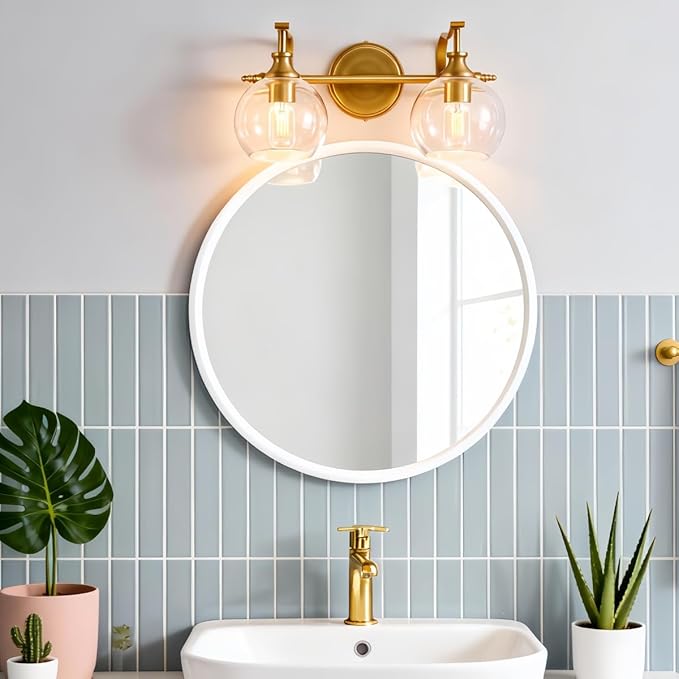 ANDY STAR Gold Bathroom Light Fixtures, 2-Light Brass Vanity Light, Modern Sconces with Globe Clear Lampshade, Farmhouse Bathroom Lighting Fixtures Over Mirror with Metal Lamp Body, E26 Base