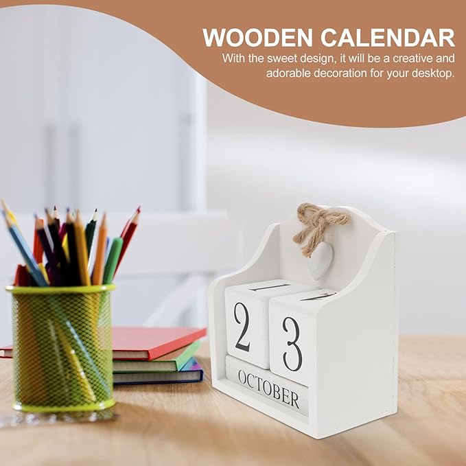 ULTNICE Wooden Perpetual Calendar Decorative Block for Home and Office Rustic European Style Date Display with White Finish Ideal Photography Prop and Desk Accessory (5.7 X 5.9 in)