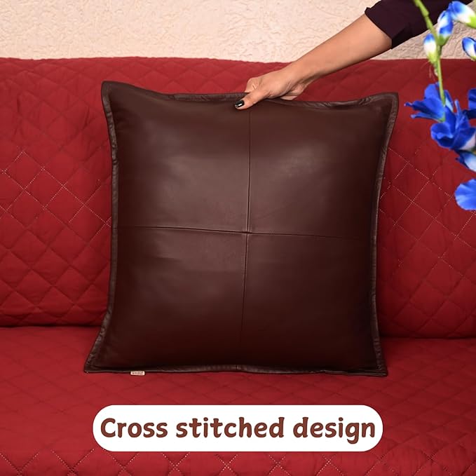 Lambskin Leather Pillow Cover - Sofa Cushion Case - Decorative Throw Covers for Living Room & Bedroom, 16x16 Inches - Dark Maroon Box Pack of 1