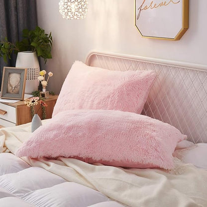 Uhamho Set of 2 Standard Queen Faux Fur Throw Pillow Covers Soft Velvet Decorative Pillowcases Zipper Closure(20 x 26 Inches Pink)
