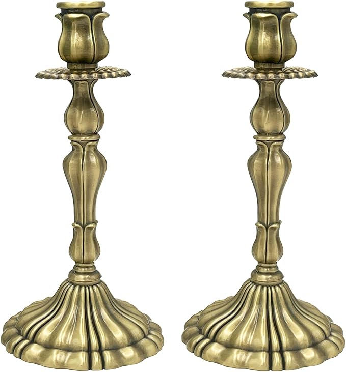 Taper Candle Holders, Brass Candle Holders, Vintage Candlesticks for Dining Table, Wedding, Party, Home Decor, Set of 2 (Antique Brass)