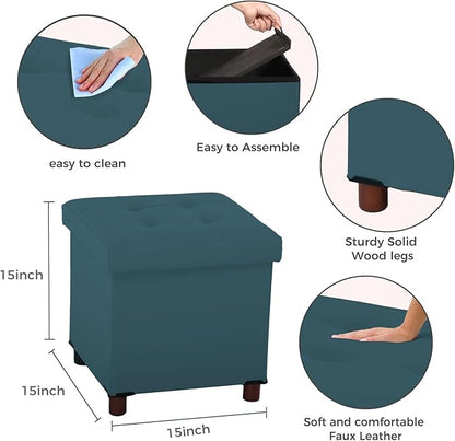 Storage Ottoman, Ottoman with Storage for Living Room Ottoman Square Tray Bedroom Cube Foot Rest Stool with Legs Small Ottomans Coffee Table Lid Foldable Footstool Faxu Leather 15"