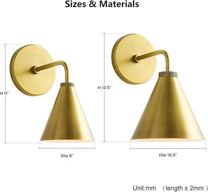 Retro Industrial Metal Cone Sconce Light - Vintage-Inspired Modern Gold Wall Sconce with Metal Shade, Wall Mount Lighting for Bedroom, Hallway, Living Room (Gold, 11 inch)