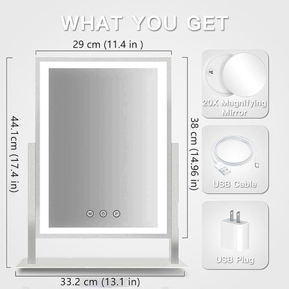 HIEEY Lighted Makeup Mirror, Hollywood Vanity Mirror with Lights, Three Color Lighting Modes, with 4in 20X Magnification Mirror, Smart Touch Control, 360°Rotation (17.4in,White,Gift Box)