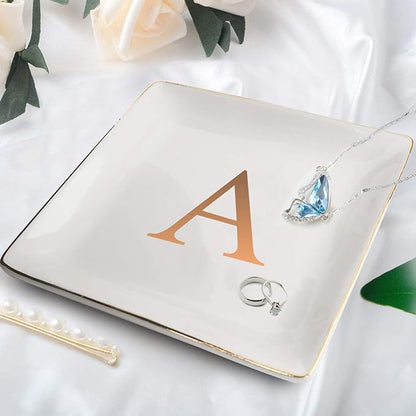 ANOTION Jewelry Tray Ring Dish with Ini-tial Gift- Personalized Trinket Dish and Jewelry Dish with Gold Initials Key Bowl Ceramic Holder, Unique Wedding or Engagement Present