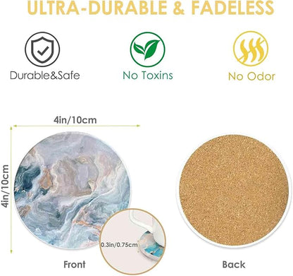 Drink Coasters with Holder 6 Pack, Ceramic Marble Style, Absorbent Abstract Coasters Set, 4in Cup Mat for Any Cups, Home, Living Room Decor, Tabletop-Protection for Coffee Beverage-Light Blue