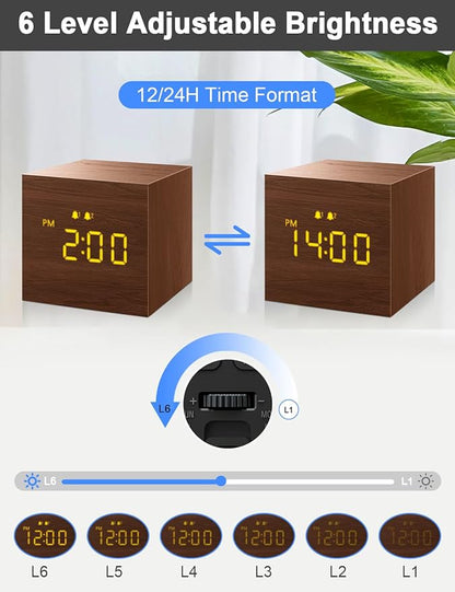 Digital Alarm Clock, with Wooden Electronic LED Time Display, 3 Alarm, 2.5-inch Cubic Small Mini Wood Made Electric Clocks for Bedroom, Bedside, Desk, Brown