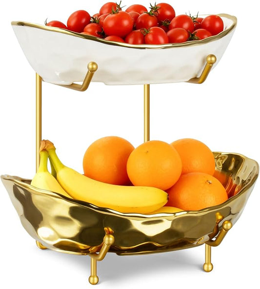 Ceramic Fruit Bowl for Kitchen Counter - 2 Tier Fruit Bowls with Metal Stand, Tiered Fruit Basket Stand for Countertop, Snack, Nuts, Cake, Dessert, Small & Cute (Gold)