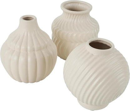 Deco 79 Ceramic Abstract Decorative Vase Small Textured Centerpiece Vases with Varying Shapes and Patterns, Set of 3 Flower Vases for Home Decoration 5" W, 6" H, Cream