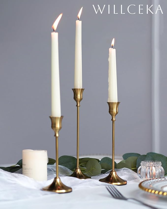 Willceka Gold Candlestick Holders, Taper Candle Holders, Set of 3 Brass Candle Holder Set, Vintage Table Centerpiece for Wedding Christmas Holiday