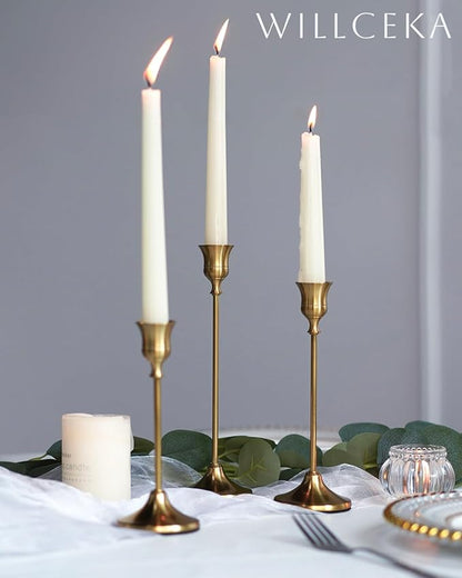 Willceka Gold Candlestick Holders, Taper Candle Holders, Set of 3 Brass Candle Holder Set, Vintage Table Centerpiece for Wedding Christmas Holiday