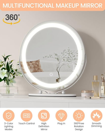 IDEALHOUSE 19 inch Makeup Mirror with Lights, Vanity Mirror with Smart Touch Control 3 Colors Dimmable Lights, 360°Rotation White Vanity Mirror for Bedroom, Tabletop and Desk Mirror