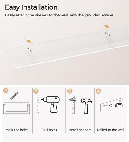 HBlife 48 Inches Invisible Wall Floating Bookshelf for Kids and Nursery, Clear Acrylic Shelves for Figures, 16 Inch Stud Spacing Long Large Picture Ledge Shelf for Photo Frames, 2 Pack (5MM Thick)