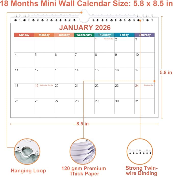 Mini Calendar 2026 - Small 2026 Calendar from January 2026 - June 2027, 18 Months Little Calendar with Premium Paper, 5.8" x 8.5", Colorful