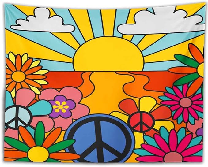 BULOR 70's Groovy Retro Sunshine Flowers Tapestry Wall Hangings, Rainbow Boho Funky Vintage Tapestry For Kids Student Bedroom Living Room Dorm Man Cave Background 60x60inch