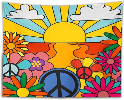 BULOR 70's Groovy Retro Sunshine Flowers Tapestry Wall Hangings, Rainbow Boho Funky Vintage Tapestry For Kids Student Bedroom Living Room Dorm Man Cave Background 60x60inch