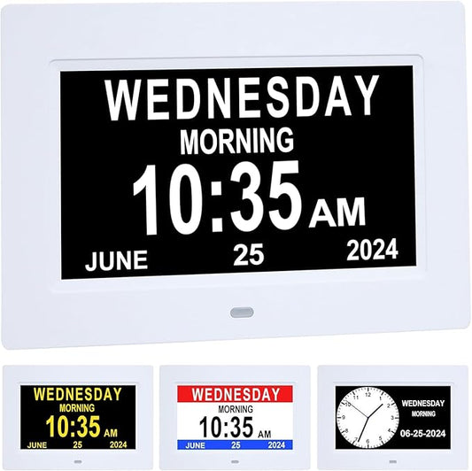 7 Inch Extra Large Day Date Time Digital Day Calendar Clocks with Auto-Dimming 12 Alarm Reminders Dementia Clock for Senior Elderly impaired Vision Memory Loss