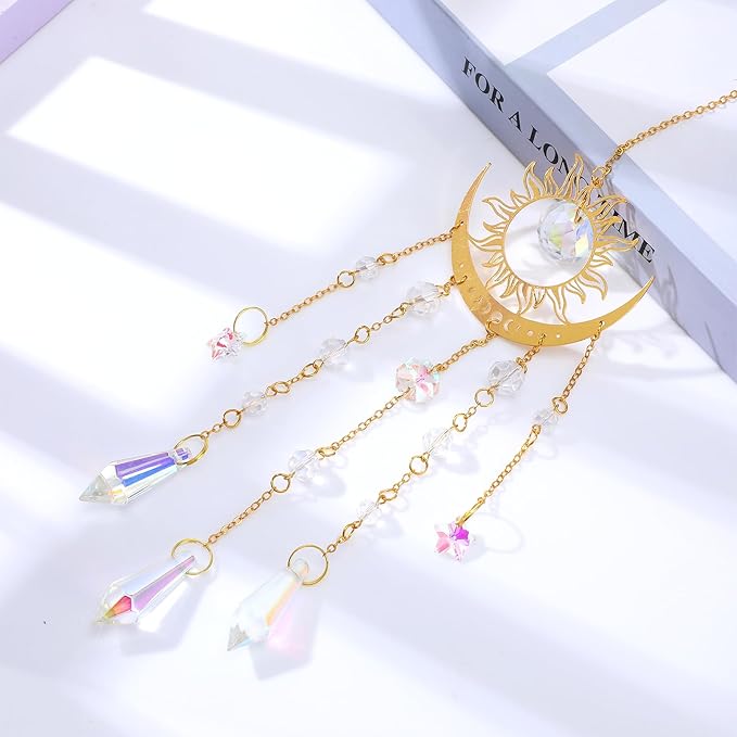 Crystal Suncatcher for Windows Hanging, Prism Rainbow Maker with Chain, Sun and Moon Catchers Indoor Outdoor Home Garden Decor, Gift for Christmas Mother’s Day Valentine’s