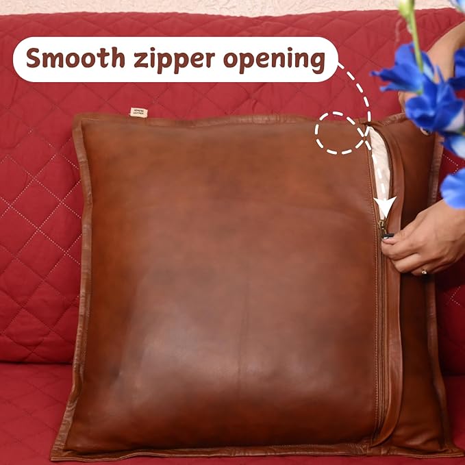 Lambskin Leather Pillow Cover - Sofa Cushion Case - Decorative Throw Covers for Living Room & Bedroom, 18x18 Inches - Dark Tan Box Pack of 2